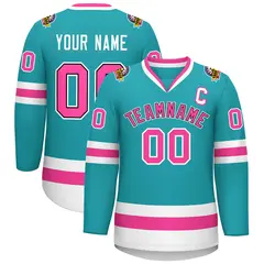 Aqua Pink Navy-White Classic Style Hockey Jersey 1
