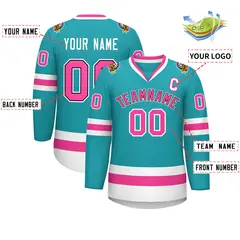 Aqua Pink Navy-White Classic Style Hockey Jersey 2
