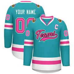 Aqua Pink Navy-White Classic Style Hockey Jersey 1