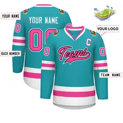 Aqua Pink Navy-White Classic Style Hockey Jersey 2