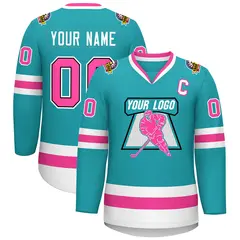 Aqua Pink Navy-White Classic Style Hockey Jersey 1