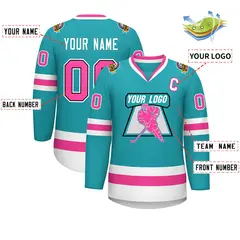 Aqua Pink Navy-White Classic Style Hockey Jersey 2