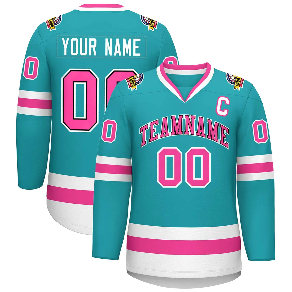 Aqua Pink Navy-White Classic Style Hockey Jersey