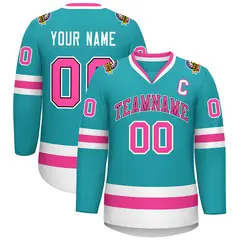 Aqua Pink Navy-White Classic Style Hockey Jersey 1