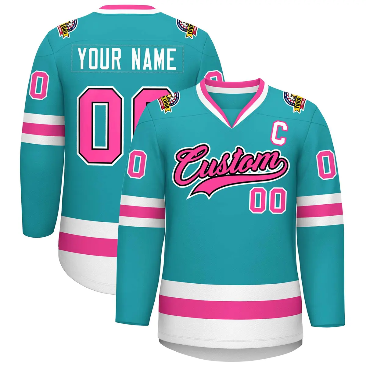 Aqua Pink Navy-White Classic Style Hockey Jersey