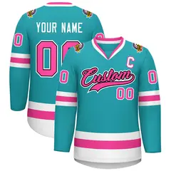 Aqua Pink Navy-White Classic Style Hockey Jersey 1