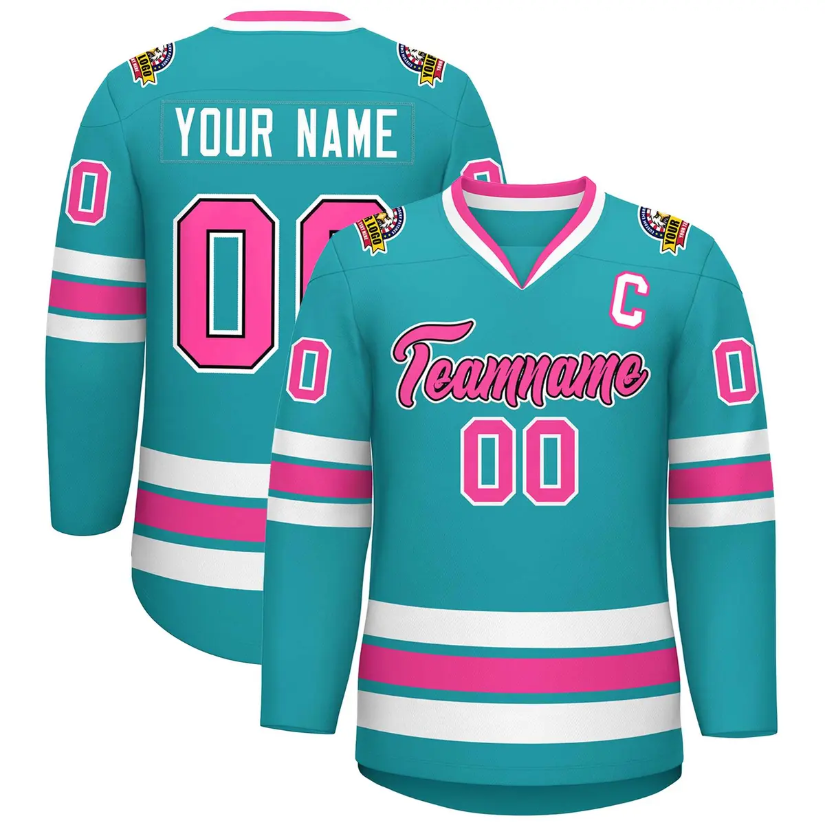 Aqua Pink Navy-White Classic Style Hockey Jersey
