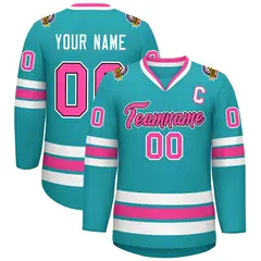 Aqua Pink Navy-White Classic Style Hockey Jersey 1