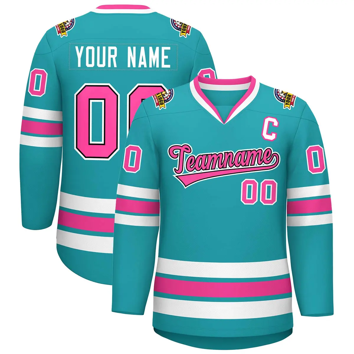 Aqua Pink Navy-White Classic Style Hockey Jersey