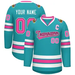 Aqua Pink Navy-White Classic Style Hockey Jersey 1