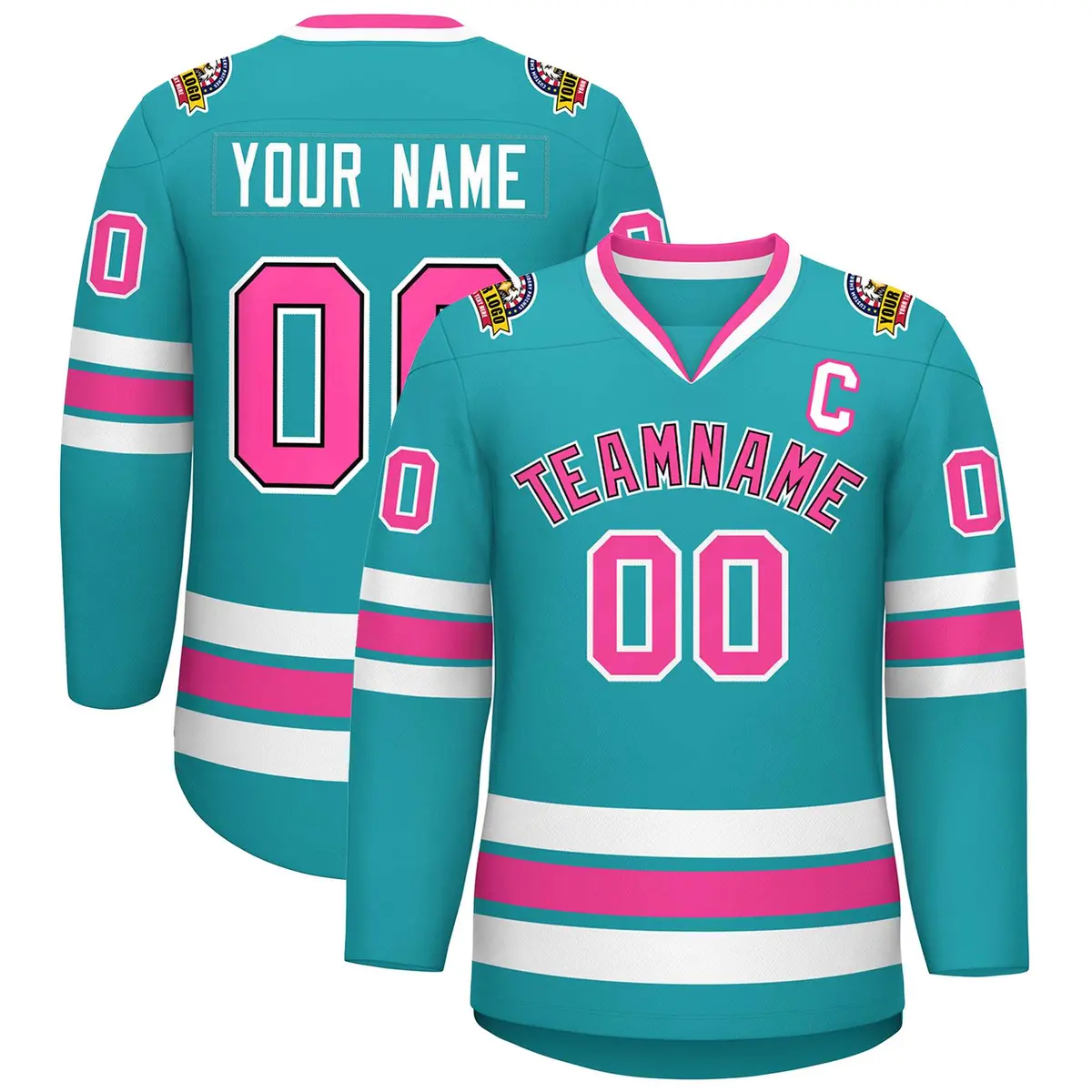 Aqua Pink Navy-White Classic Style Hockey Jersey