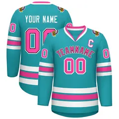 Aqua Pink Navy-White Classic Style Hockey Jersey 1