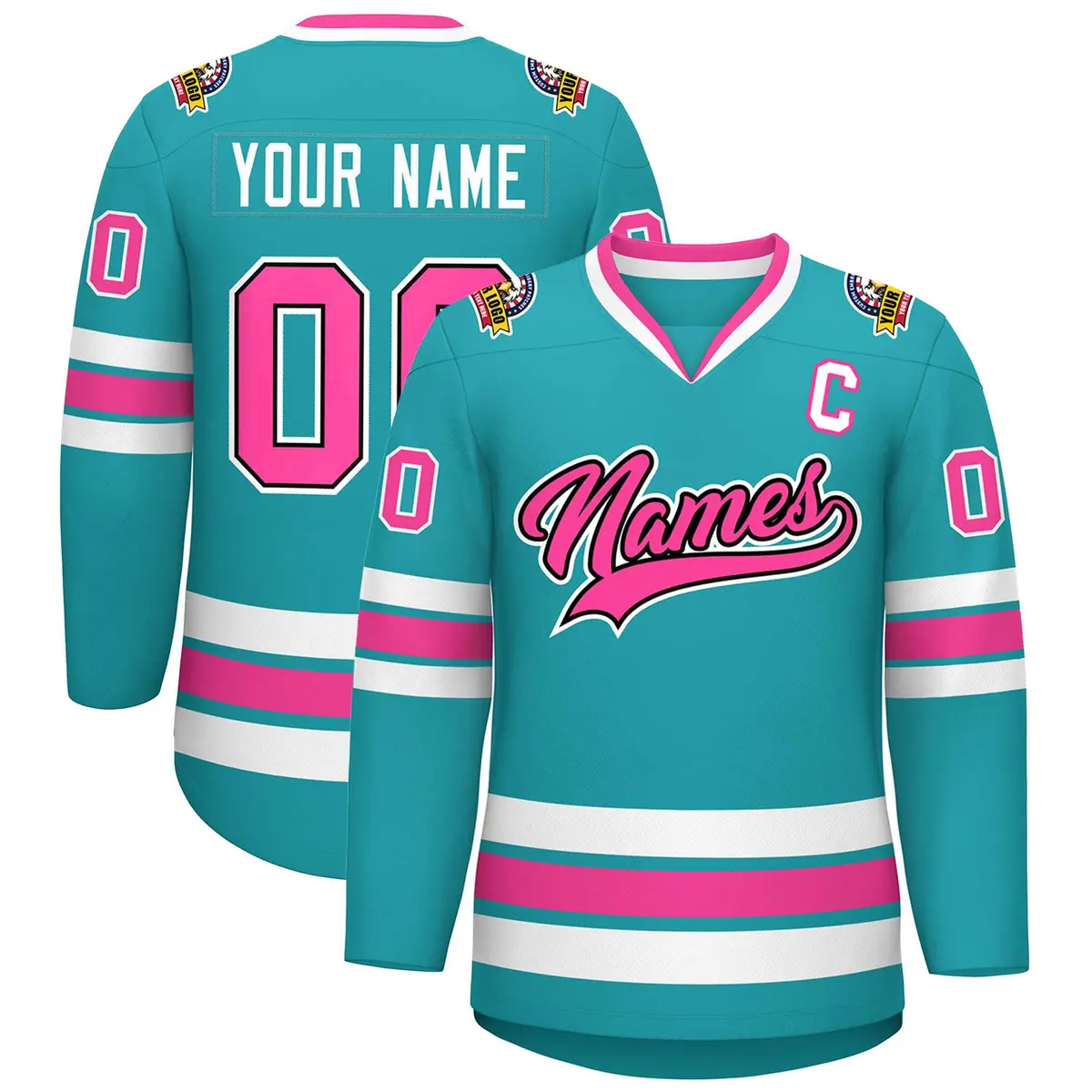 Aqua Pink Navy-White Classic Style Hockey Jersey