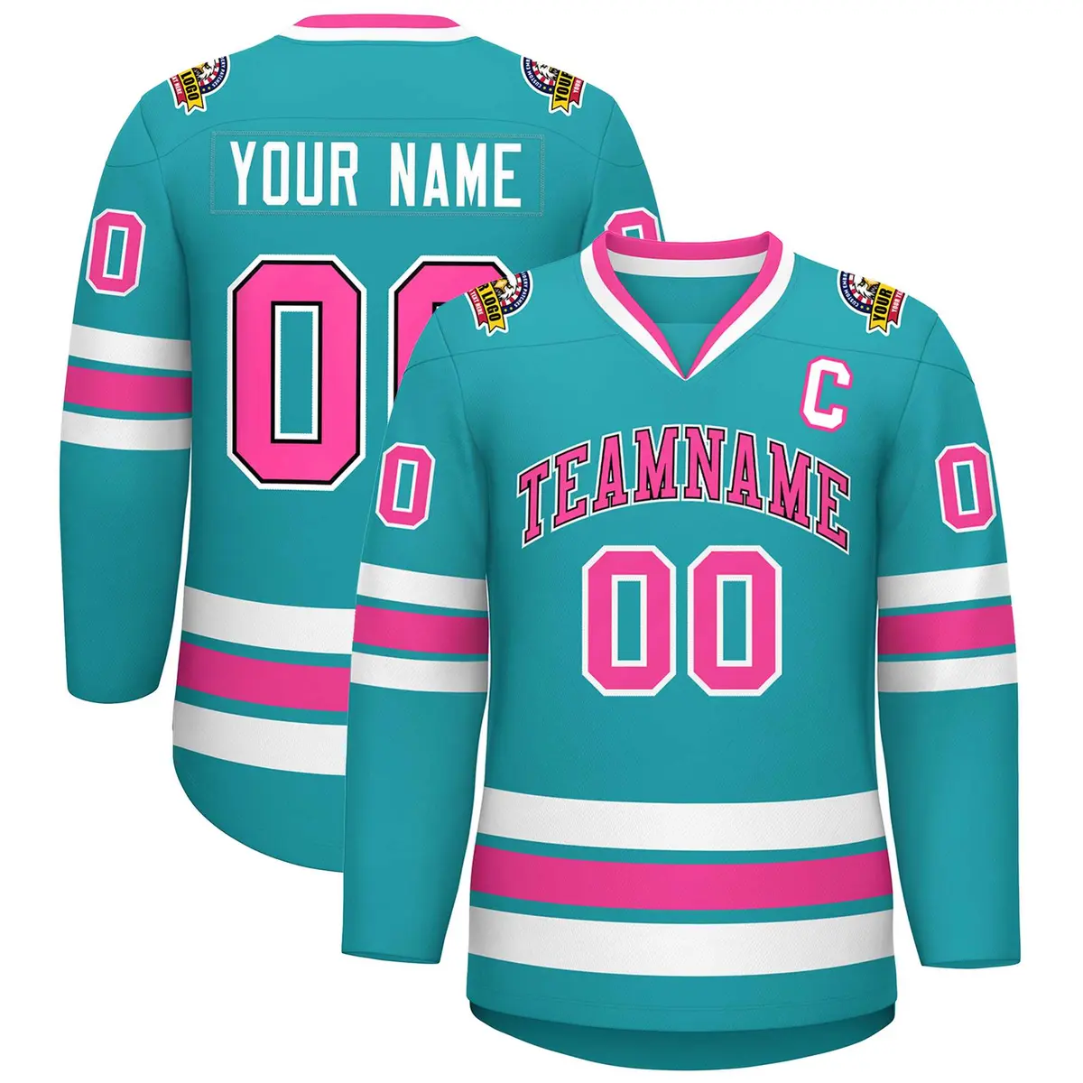 Aqua Pink Navy-White Classic Style Hockey Jersey