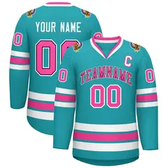 Aqua Pink Navy-White Classic Style Hockey Jersey 1