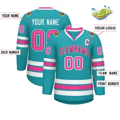 Aqua Pink Navy-White Classic Style Hockey Jersey 2