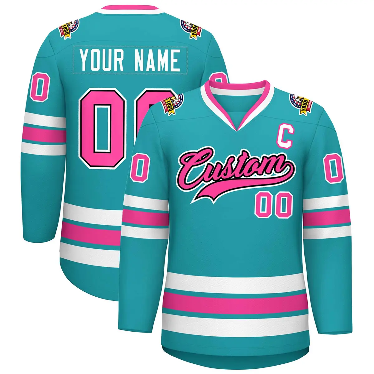Aqua Pink Navy-White Classic Style Hockey Jersey