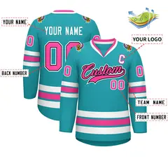 Aqua Pink Navy-White Classic Style Hockey Jersey 2