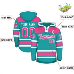 Aqua Pink Raglan Lace-Up Neck Hockey Hoodie Jersey 2