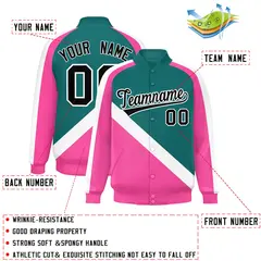 Aqua Pink Raglan Varsity Full-Snap Letterman Baseball Jacket 2