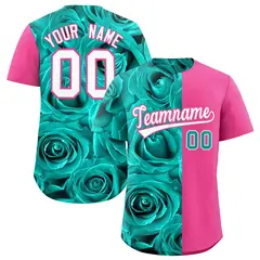 Aqua Pink Rose Print Split Baseball Jersey 1