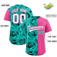 Aqua Pink Rose Print Split Baseball Jersey 2