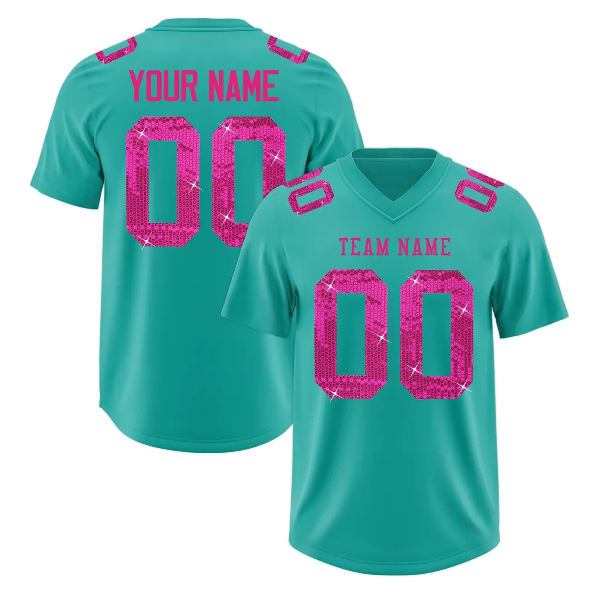 Aqua Pink Sequin Lettering Breathable Football Jersey