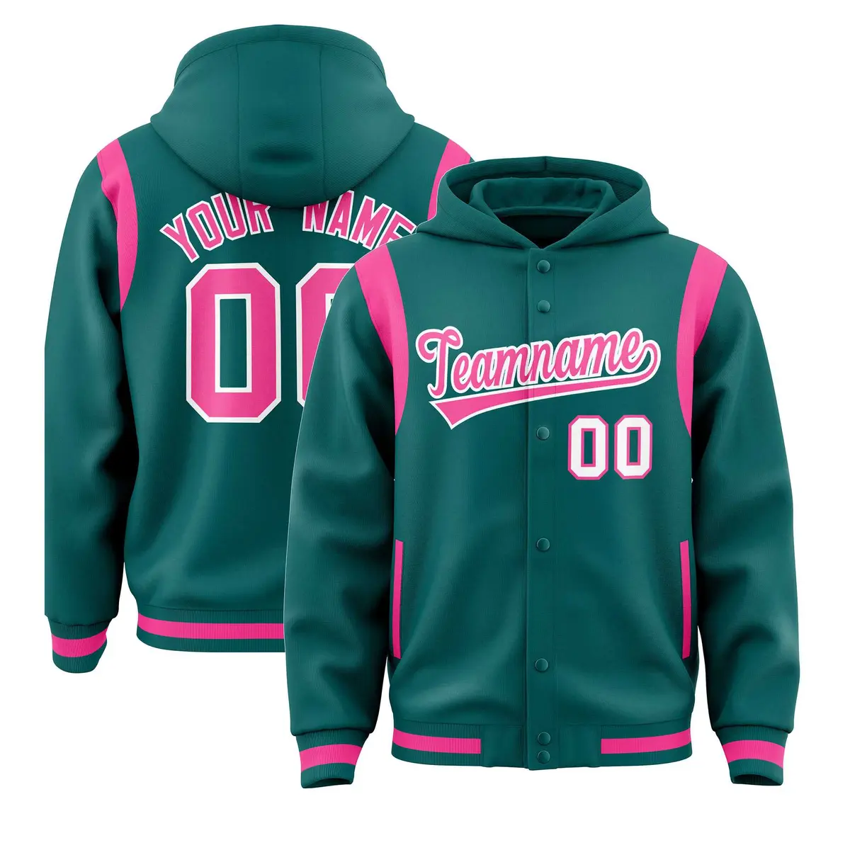 Aqua Pink Shoulder Color Block Varsity Letterman Jacket Hoodie