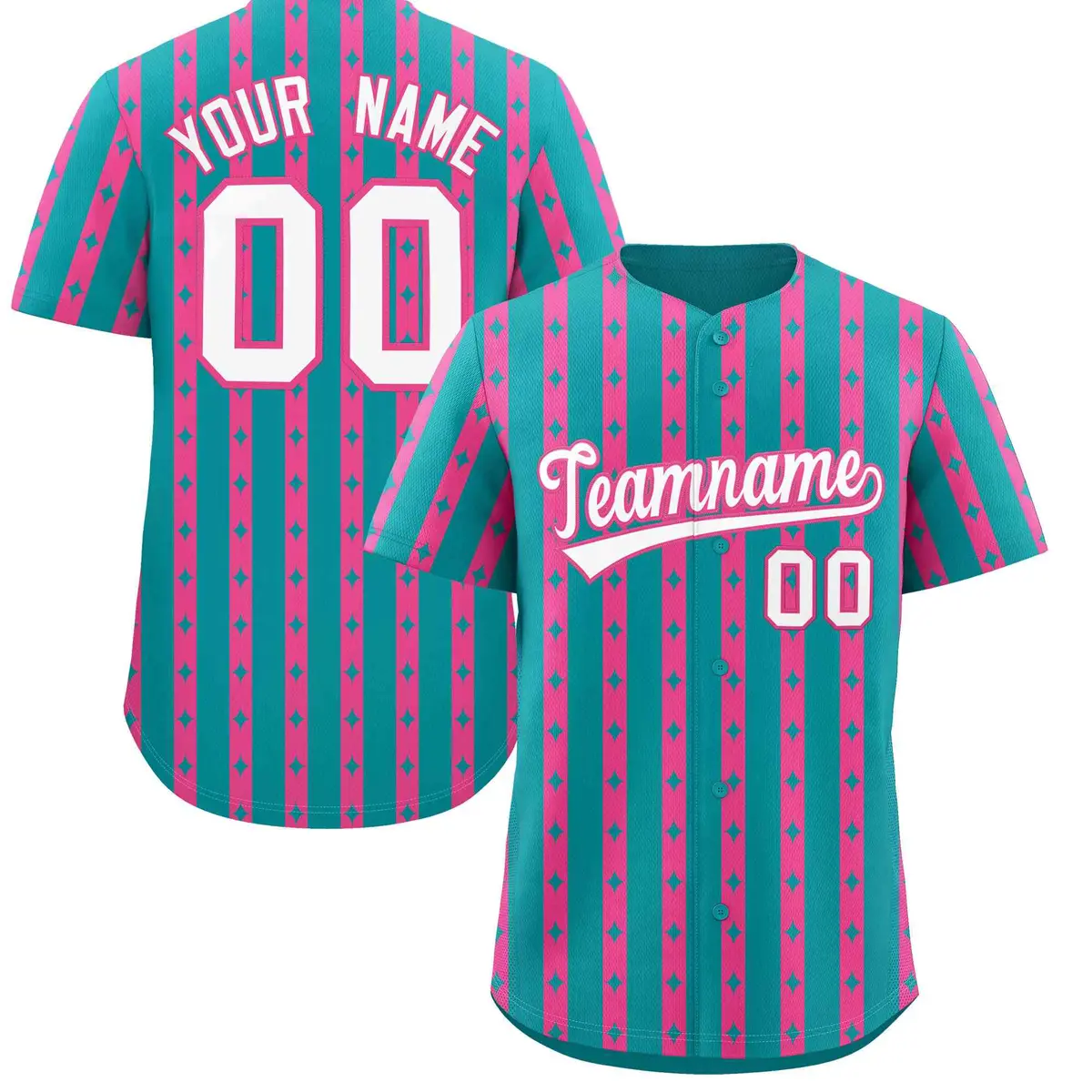 Aqua Pink Star Pattern Thick Stripes Baseball Jersey