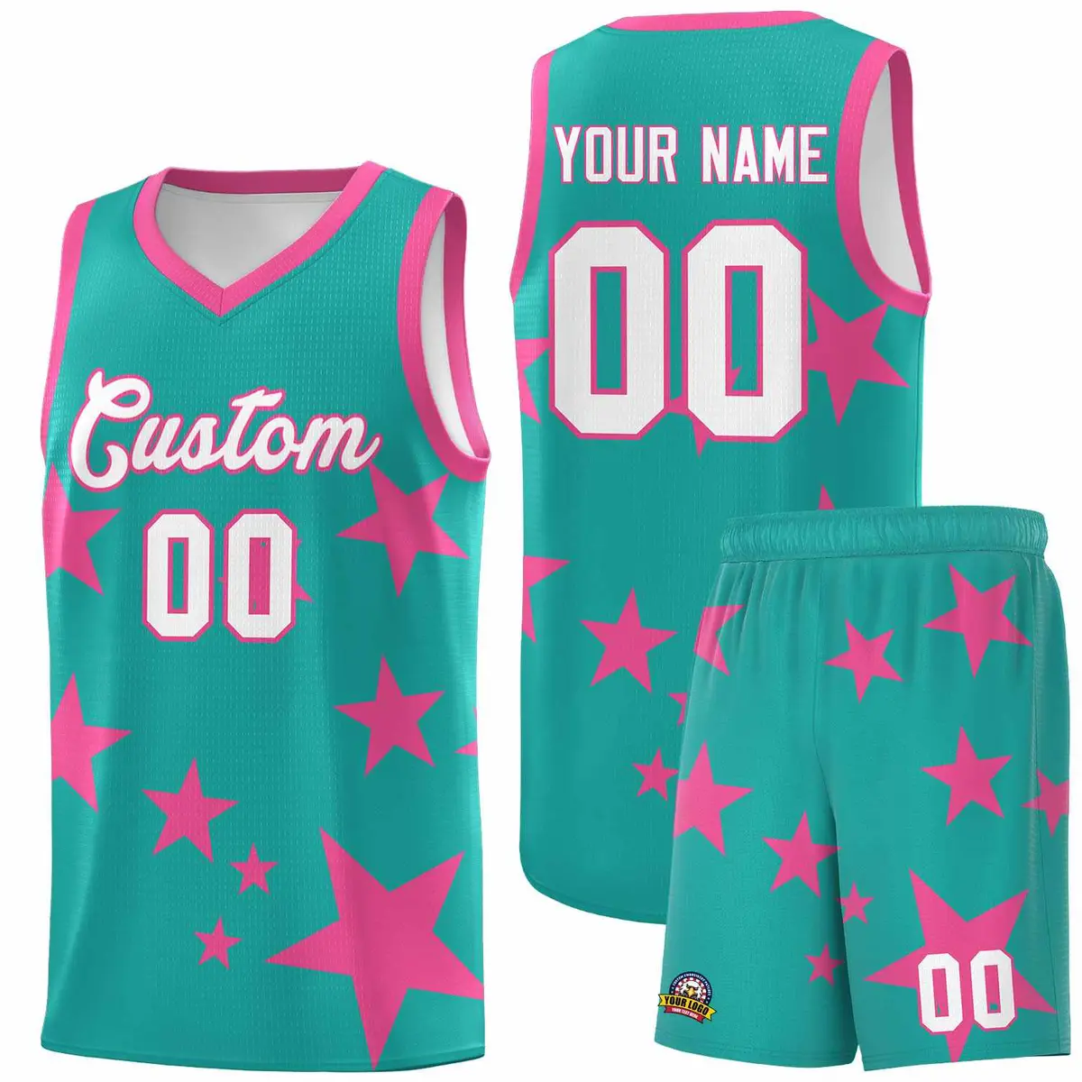 Aqua Pink Star Print Graffiti Basketball Jersey Sets