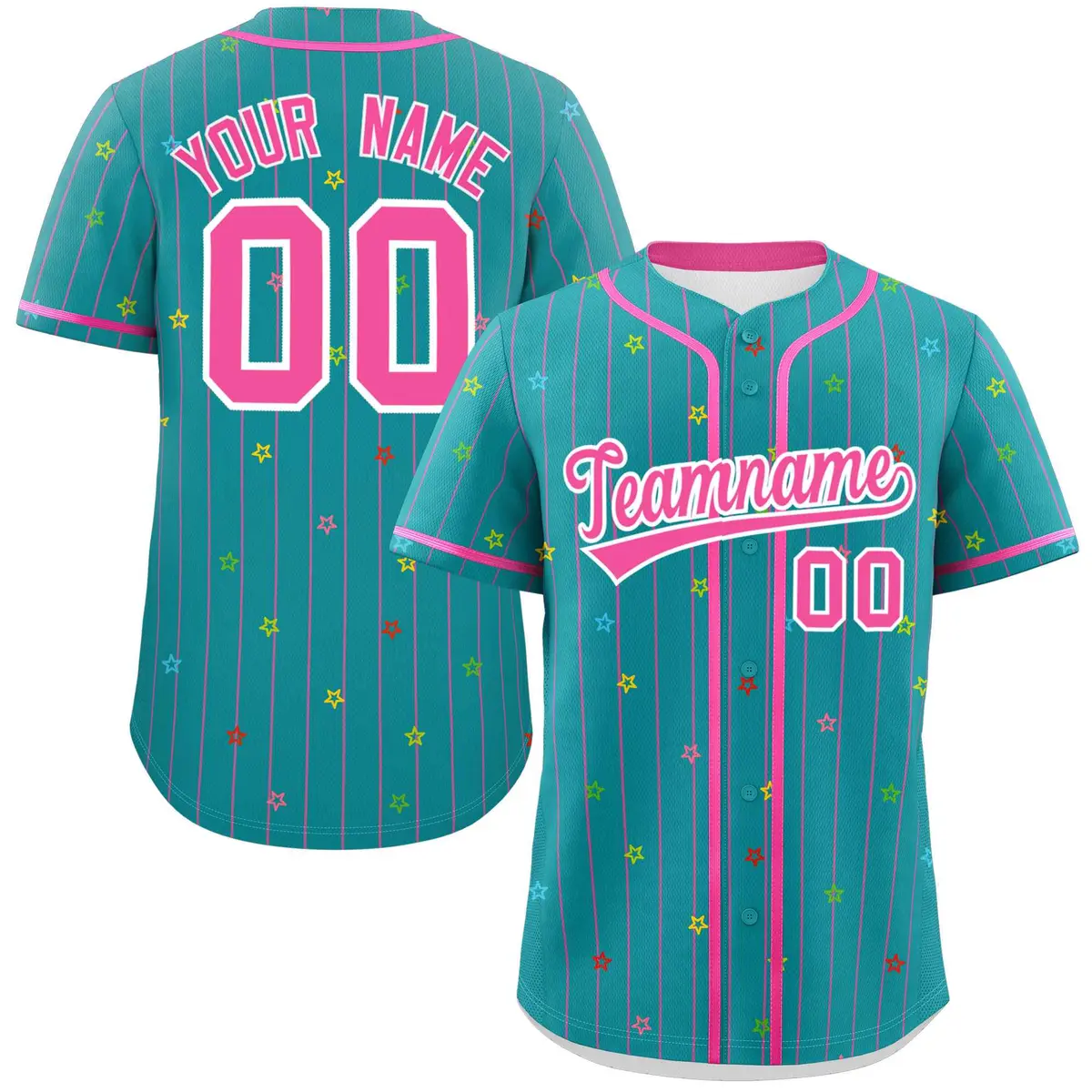 Aqua Pink Stripe Star Pattern Authentic Baseball Jersey
