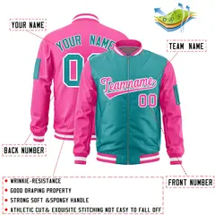 Aqua Pink Two-Tone Varsity Letterman Bomber Jacket 2
