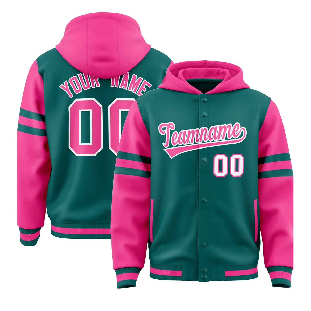 Aqua Pink Varsity Three Stripes Raglan Jacket Hoodie