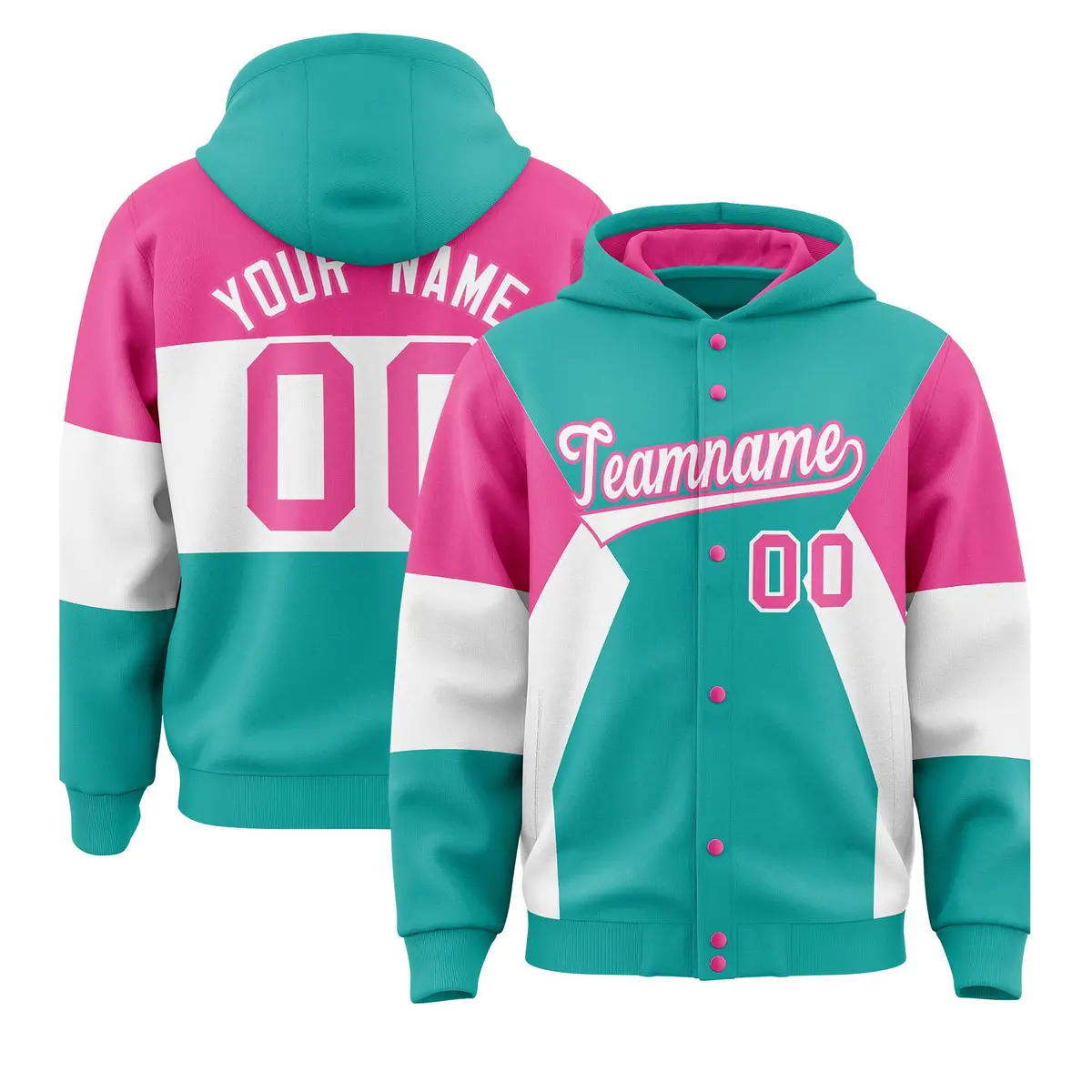 Aqua Pink White Color Block Varsity Letterman Jacket Hoodie
