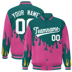 Aqua Pink-White Flame Graffiti Bomber Varsity Full-Snap Jacket