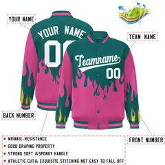 Aqua Pink-White Flame Graffiti Bomber Varsity Full-Snap Jacket 2