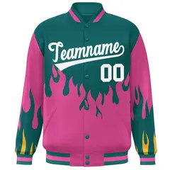 Aqua Pink-White Flame Graffiti Bomber Varsity Full-Snap Jacket 3