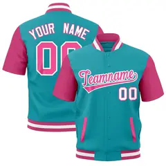 Aqua Pink White Full-Snap Short Sleeve Varsity Jacket 1