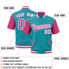Aqua Pink White Full-Snap Short Sleeve Varsity Jacket 2