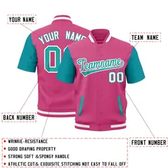 Aqua Pink White Full-Snap Short Sleeve Varsity Jacket 2