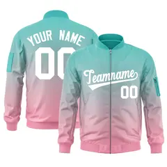 Aqua Pink-White Gradient Full-Zip Letterman Bomber Jacket