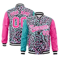 Aqua Pink-White Graffiti Pattern Full-Zip Letterman Bomber Jacket