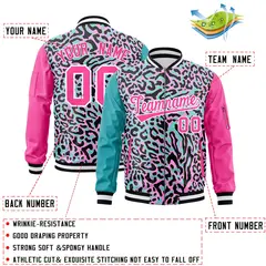 Aqua Pink-White Graffiti Pattern Full-Zip Letterman Bomber Jacket 2