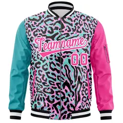 Aqua Pink-White Graffiti Pattern Full-Zip Letterman Bomber Jacket 3