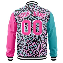 Aqua Pink-White Graffiti Pattern Full-Zip Letterman Bomber Jacket 4