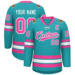 Aqua Pink-White Lace-Up Neck Hockey Jersey