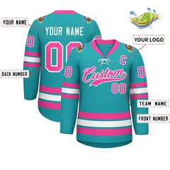 Aqua Pink-White Lace-Up Neck Hockey Jersey 3