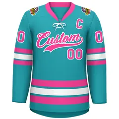 Aqua Pink-White Lace-Up Neck Hockey Jersey 4