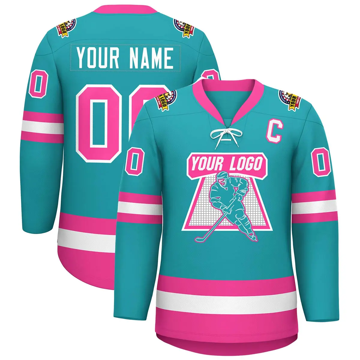 Aqua Pink-White Lace-Up Neck Hockey Jersey