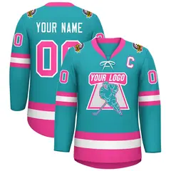 Aqua Pink-White Lace-Up Neck Hockey Jersey